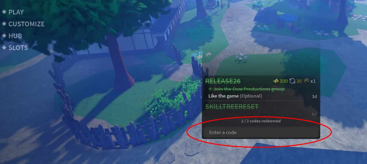 Slayers 2 main menu with the code list and the Enter a code box circled at the bottom